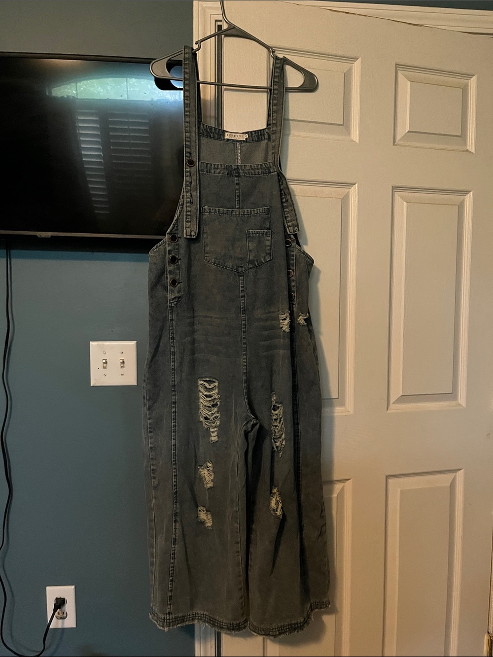 Blue Women's Distressed Denim Overalls - Picture 4 of 7